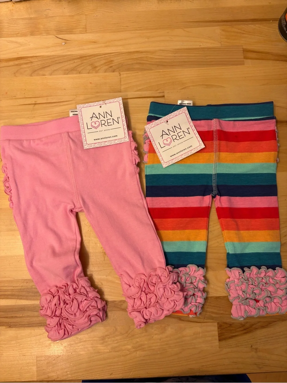 Ann Loren Pink Ruffle Hem Leggings & Rainbow Stripe Ruffle Cuff Leggings